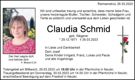 Traueranzeige von Claudia Schmid von Schwäbische Post