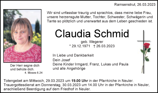 Traueranzeige von Claudia Schmid