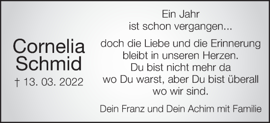 Traueranzeige von Cornelia Schmid von Schwäbische Post