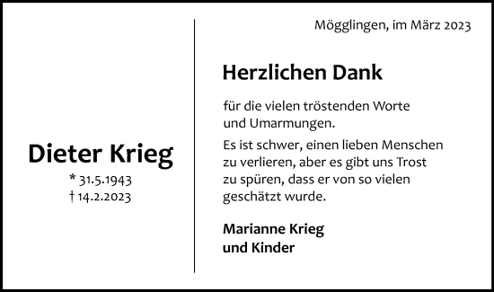 Traueranzeige von Dieter Krieg von Gmünder Tagespost