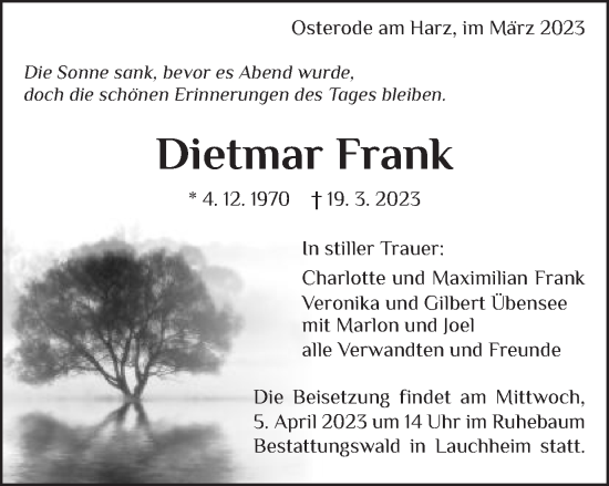 Traueranzeige von Dietmar Frank von Schwäbische Post