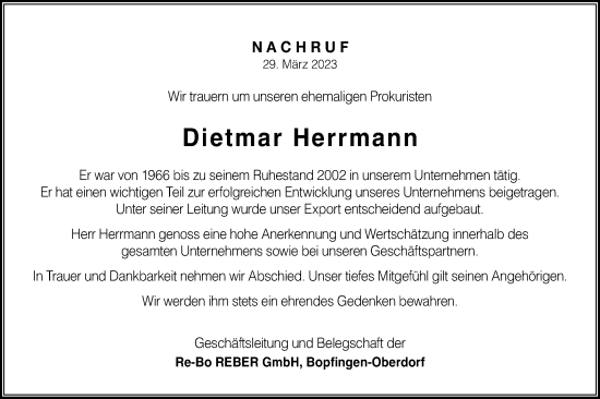 Traueranzeige von Dietmar Herrmann von Schwäbische Post
