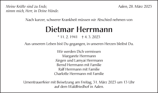 Traueranzeige von Dietmar Herrmann von Schwäbische Post