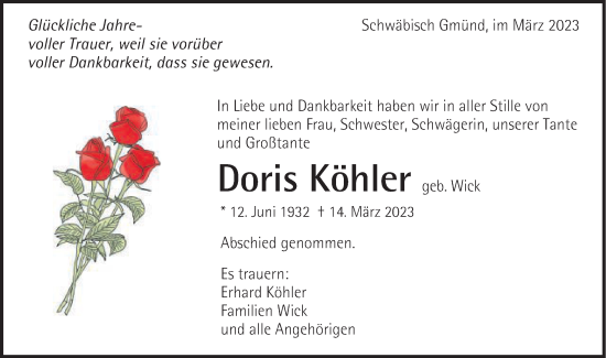 Traueranzeige von Doris Köhler von Gmünder Tagespost