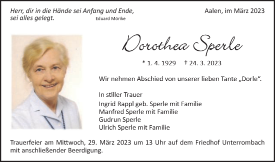 Traueranzeige von Dorothea Sperle von Schwäbische Post
