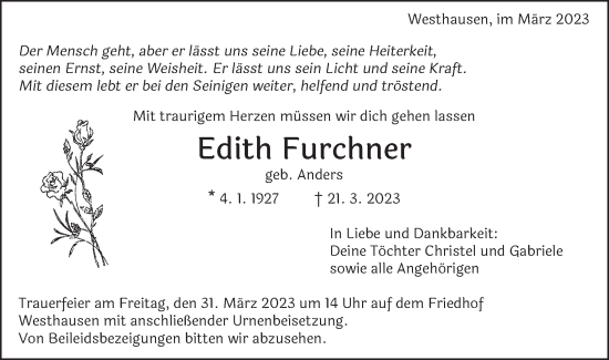 Traueranzeige von Edith Furchner von Schwäbische Post