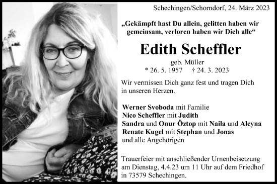 Traueranzeige von Edith Scheffler von Gmünder Tagespost