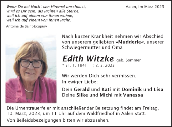 Traueranzeige von Edith Witzke von Schwäbische Post