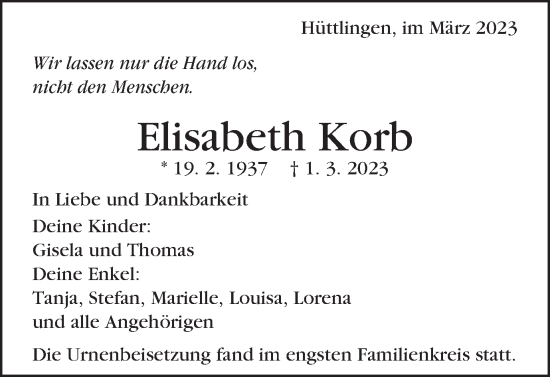 Traueranzeige von Elisabeth Korb von Schwäbische Post