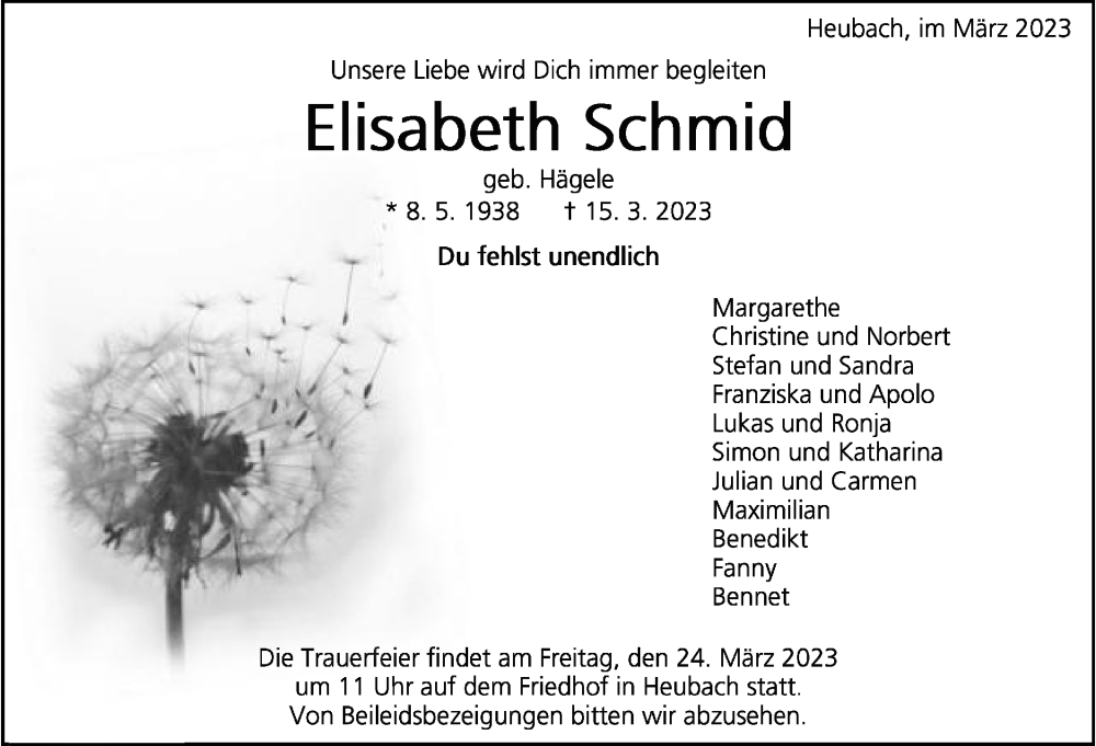  Traueranzeige für Elisabeth Schmid vom 18.03.2023 aus Gmünder Tagespost