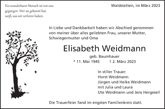 Traueranzeige von Elisabeth Weidmann von Gmünder Tagespost