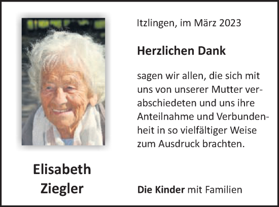 Traueranzeige von Elisabeth Ziegler von Schwäbische Post