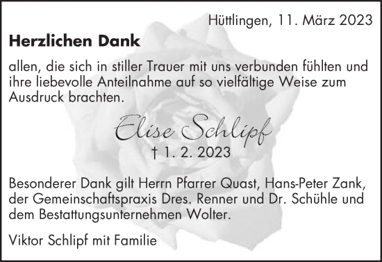 Traueranzeige von Elise Schlipf von Schwäbische Post