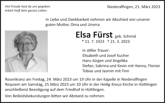 Traueranzeige von Elsa Fürst von Schwäbische Post