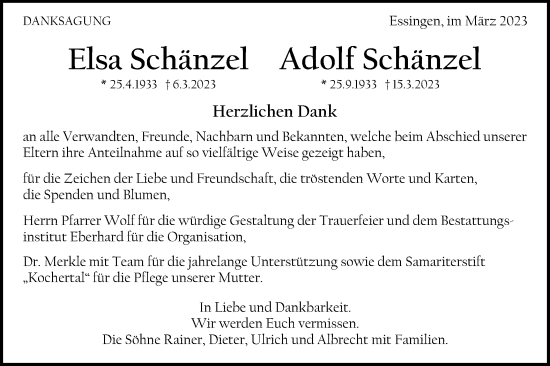 Traueranzeige von Elsa und Adolf Schänzel von Schwäbische Post