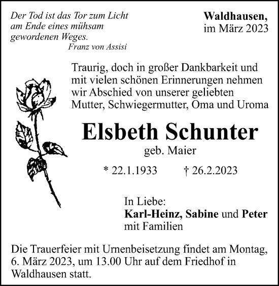 Traueranzeige von Elsbeth Schunter von Gmünder Tagespost