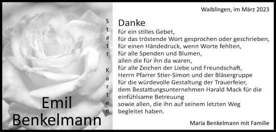 Traueranzeige von Emil Benkelmann von Schwäbische Post