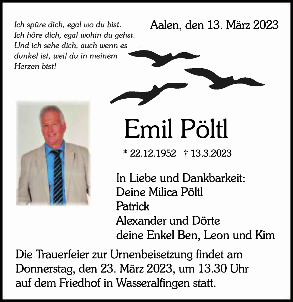  Traueranzeige für Emil Pöltl vom 18.03.2023 aus Schwäbische Post