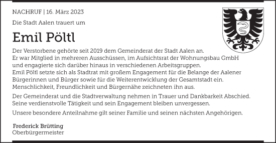 Traueranzeige von Emil Pöltl von Schwäbische Post