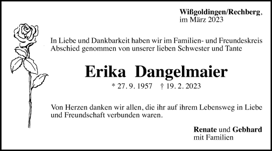 Traueranzeige von Erika Dangelmaier von Gmünder Tagespost