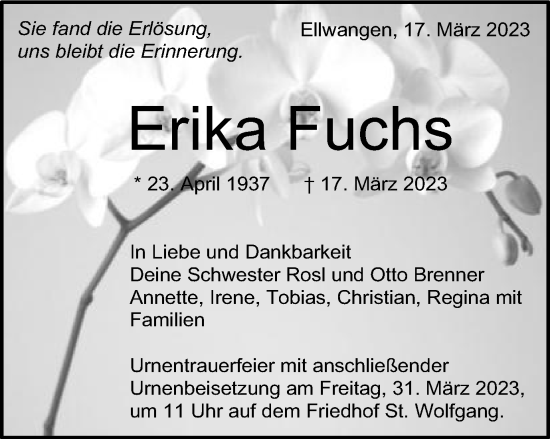 Traueranzeige von Erika Fuchs von Schwäbische Post