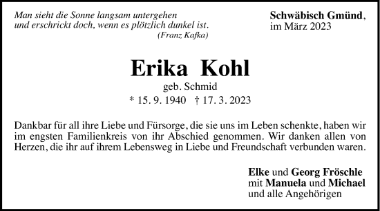 Traueranzeige von Erika Kohl von Gmünder Tagespost