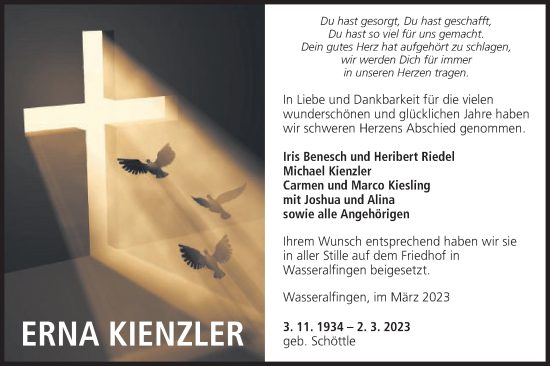 Traueranzeige von Erna Kienzler von Schwäbische Post