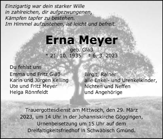 Traueranzeige von Erna Meyer von Gmünder Tagespost