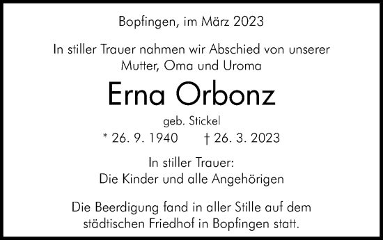 Traueranzeige von Erna Orbonz von Bopfinger Stadtanzeiger