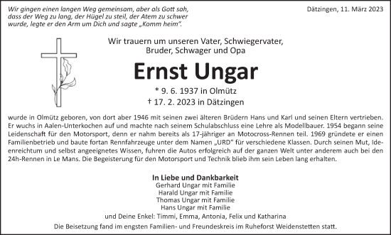 Traueranzeige von Ernst Ungar von Schwäbische Post
