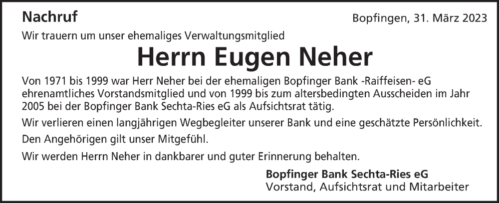 Traueranzeige für Eugen Neher vom 31.03.2023 aus Schwäbische Post