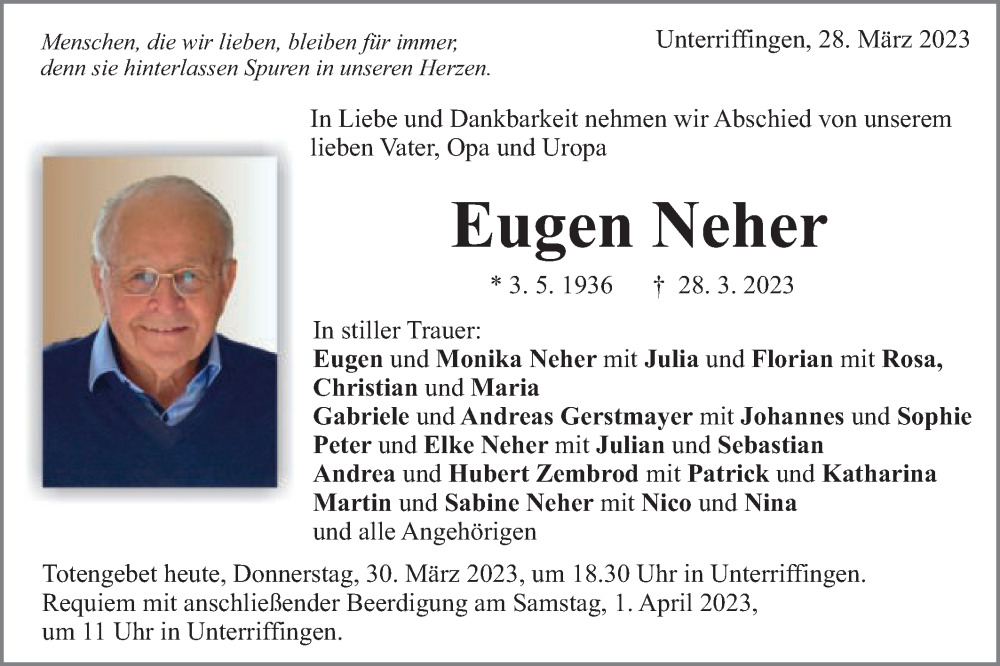  Traueranzeige für Eugen Neher vom 30.03.2023 aus Schwäbische Post