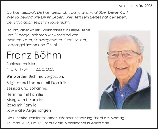 Traueranzeige von Franz Böhm von Schwäbische Post