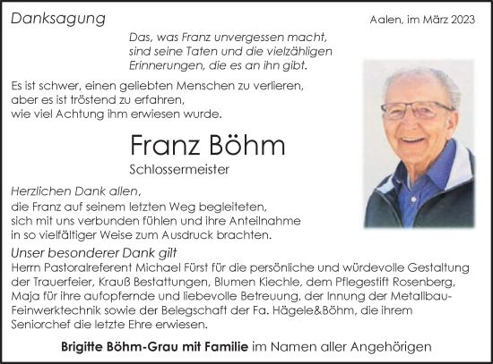 Traueranzeige von Franz Böhm von Schwäbische Post