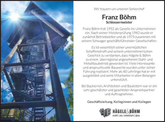 Traueranzeige von Franz Böhm von Schwäbische Post
