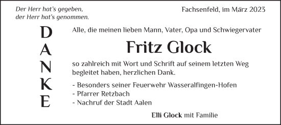 Traueranzeige von Fritz Glock von Schwäbische Post