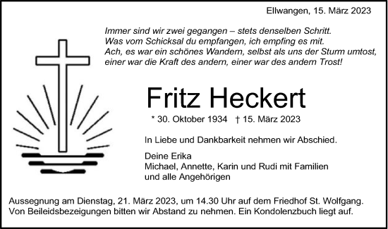 Traueranzeige von Fritz Heckert von Schwäbische Post