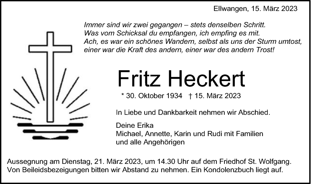  Traueranzeige für Fritz Heckert vom 18.03.2023 aus Schwäbische Post