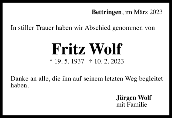 Traueranzeige von Fritz Wolf von Gmünder Tagespost