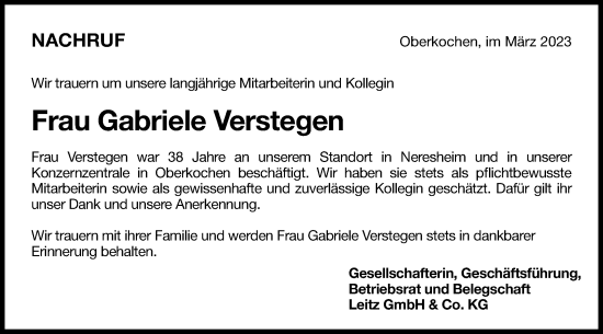 Traueranzeige von Gabriele Verstegen von Schwäbische Post