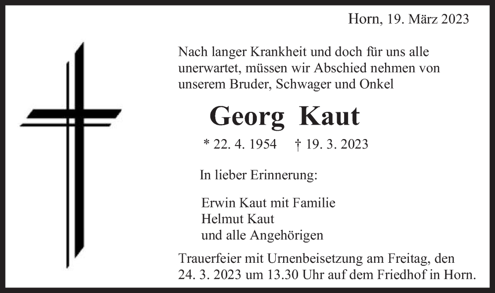  Traueranzeige für Georg Kaut vom 22.03.2023 aus Gmünder Tagespost