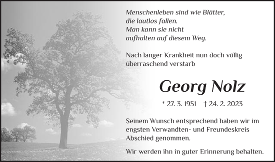 Traueranzeige von Georg Nolz von Schwäbische Post