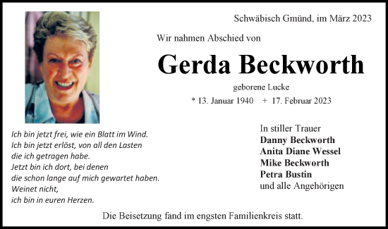 Traueranzeige von Gerda Beckworth von Gmünder Tagespost