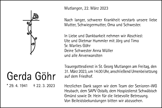 Traueranzeige von Gerda Göhr von Gmünder Tagespost