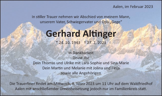 Traueranzeige von Gerhard Altinger von Schwäbische Post