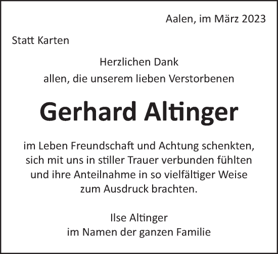 Traueranzeige von Gerhard Altinger von Schwäbische Post