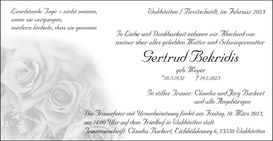 Traueranzeige von Gertrud Bekridis von Gmünder Tagespost