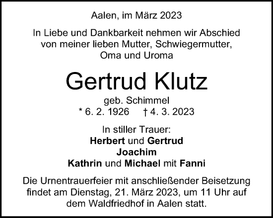 Traueranzeige von Gertrud Klutz von Schwäbische Post