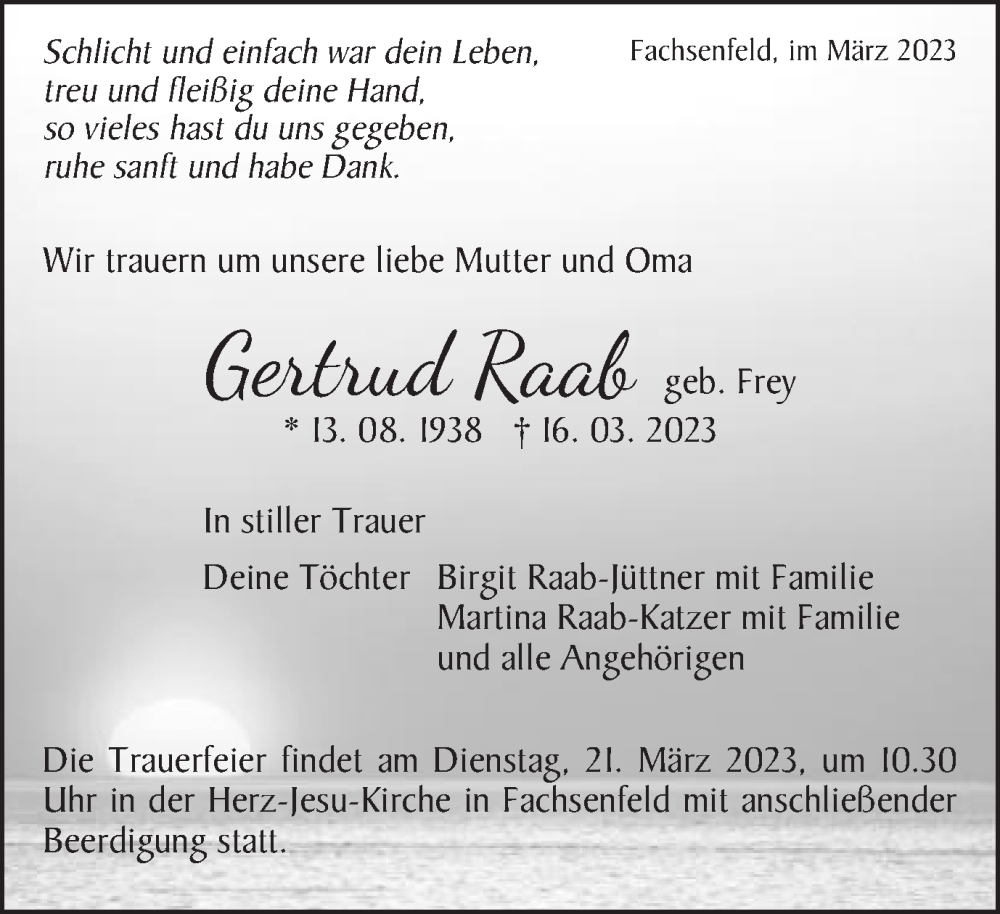  Traueranzeige für Gertrud Raab vom 18.03.2023 aus Schwäbische Post