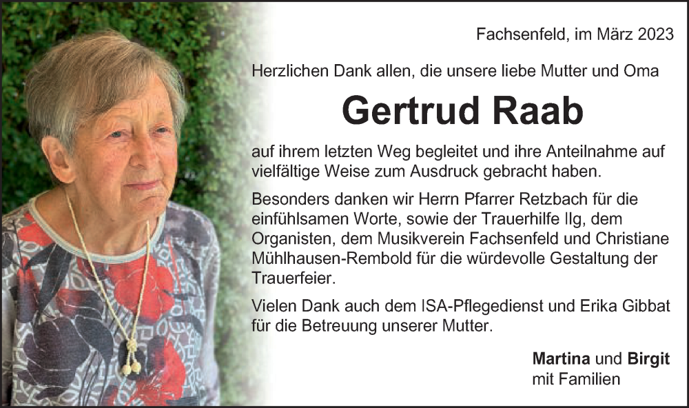  Traueranzeige für Gertrud Raab vom 23.03.2023 aus Schwäbische Post